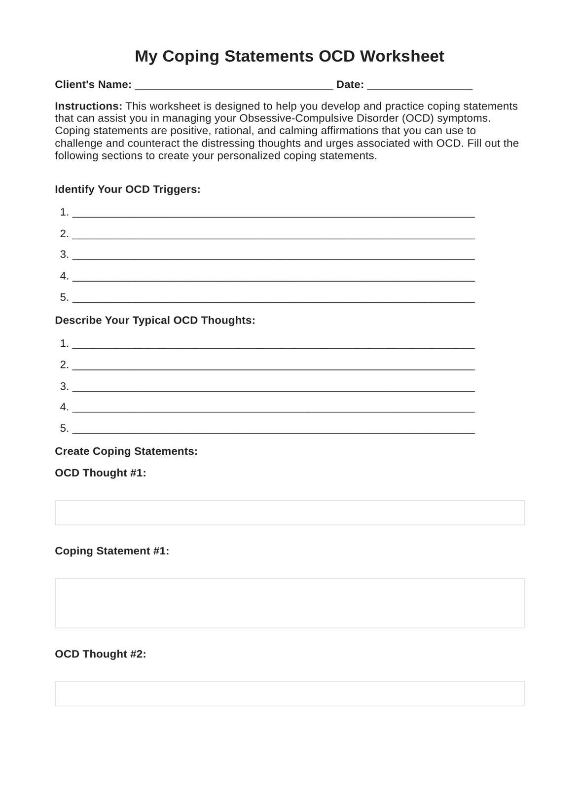 My Coping Statements OCD Worksheet PDF Example