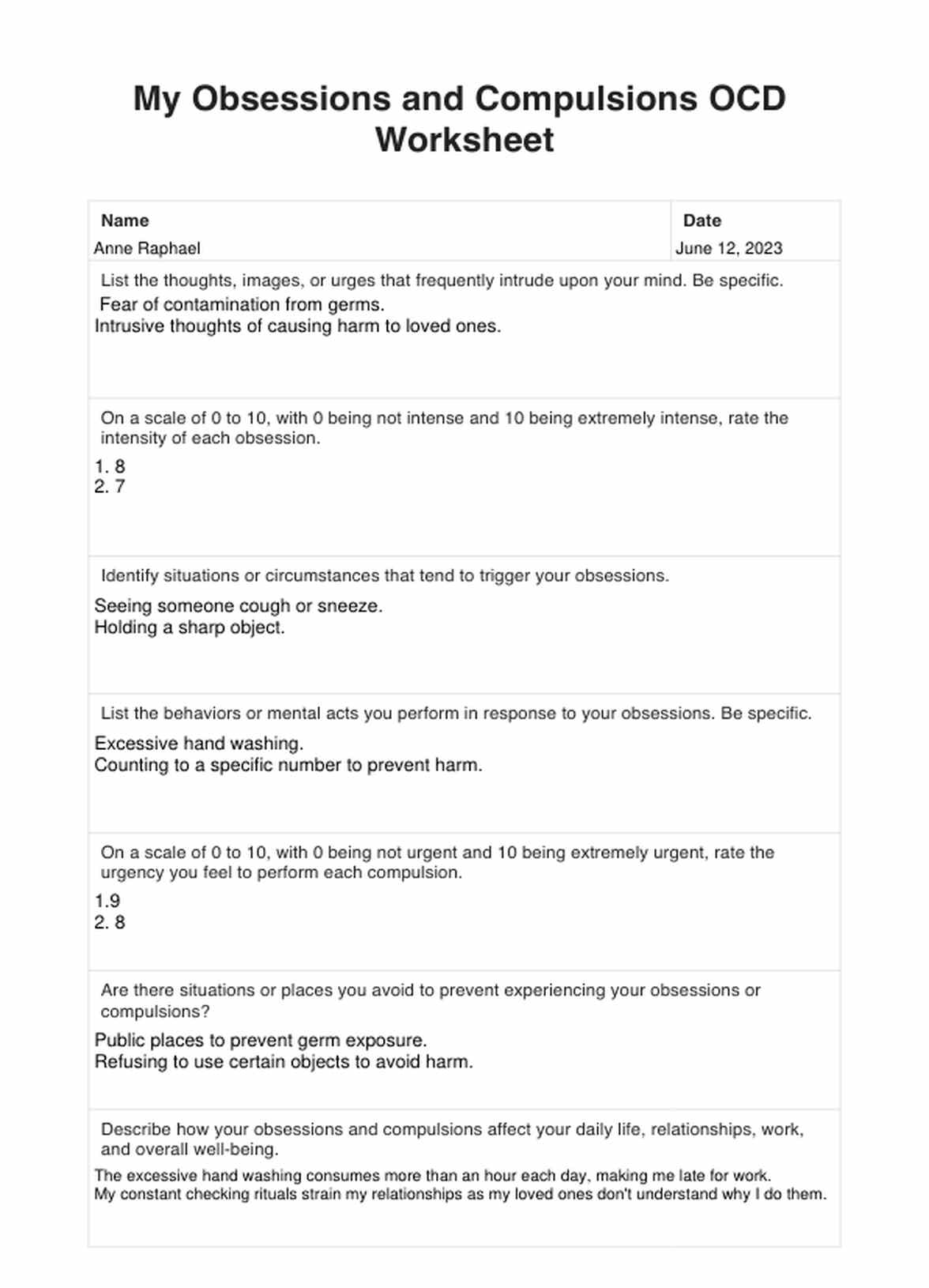 My Obsessions and Compulsions OCD Worksheet PDF Example