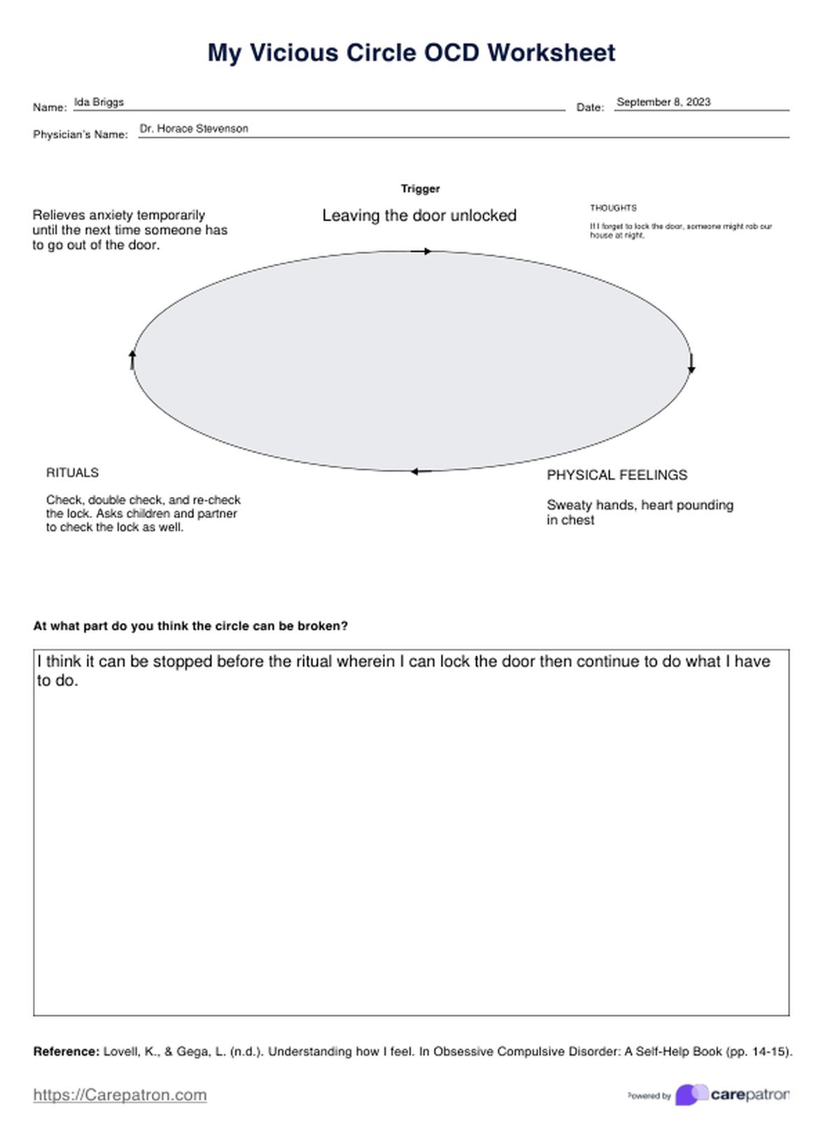 My Vicious Circle OCD Worksheet PDF Example