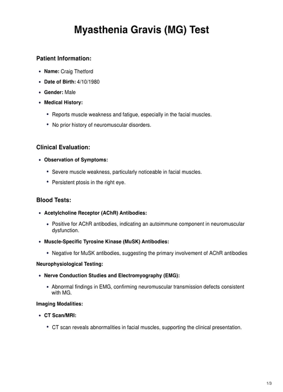 Myasthenia Gravis (MG) Test PDF Example