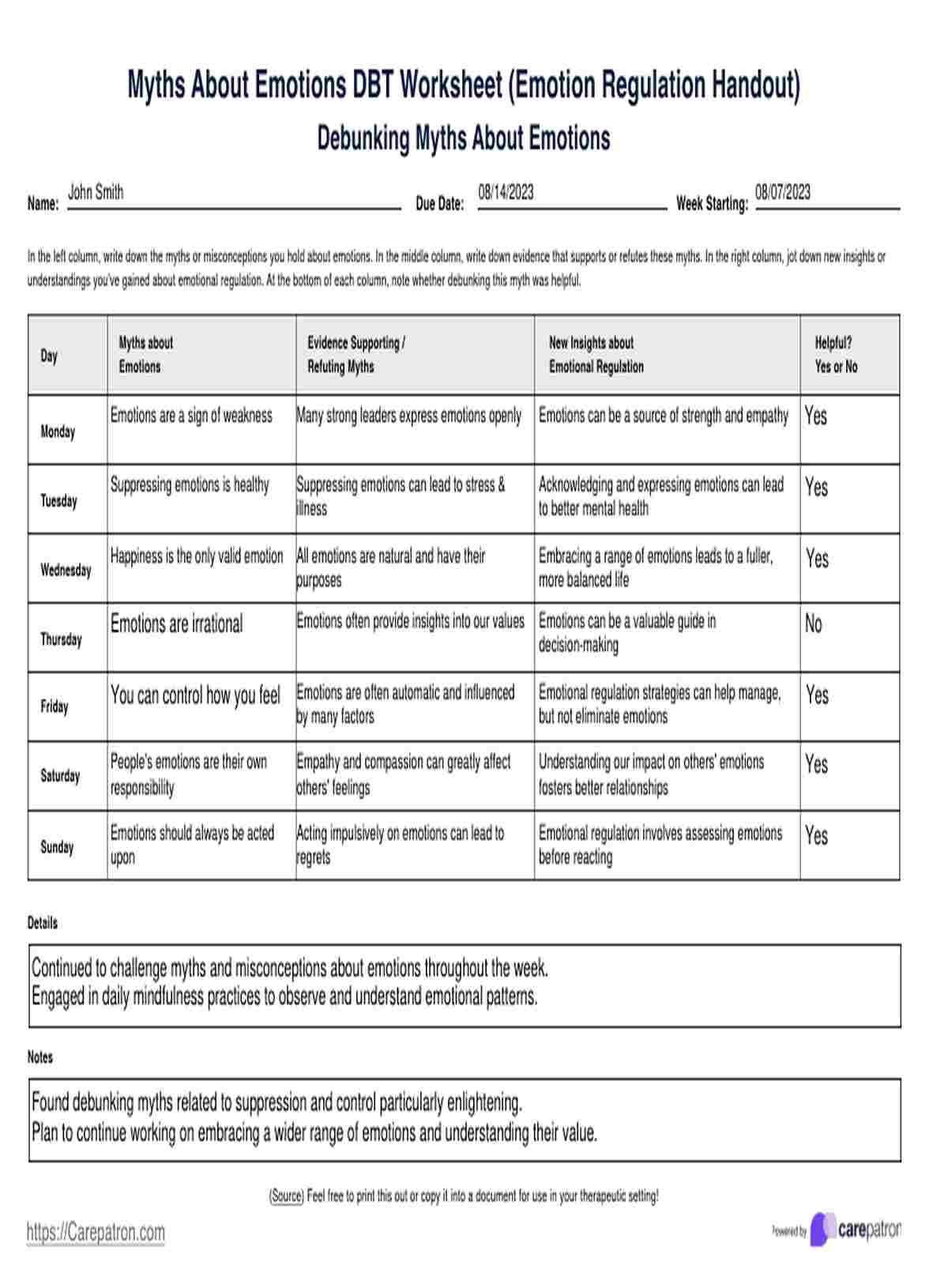 Myths About Emotions DBT Worksheet PDF Example