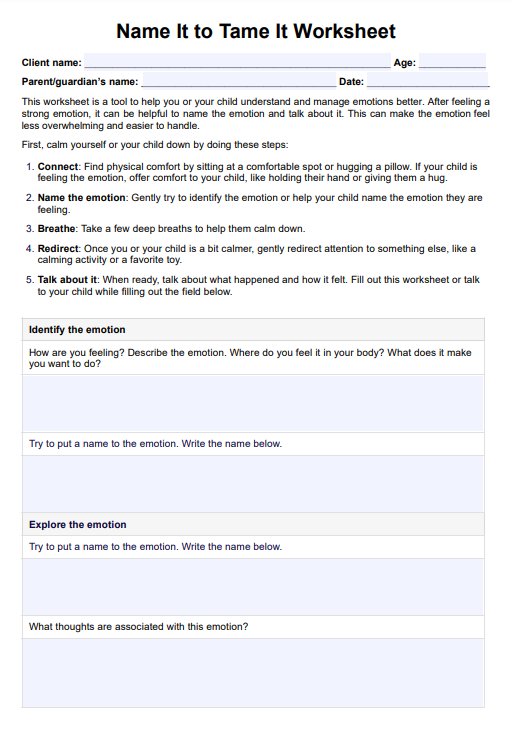 Name It to Tame It Worksheet PDF Example