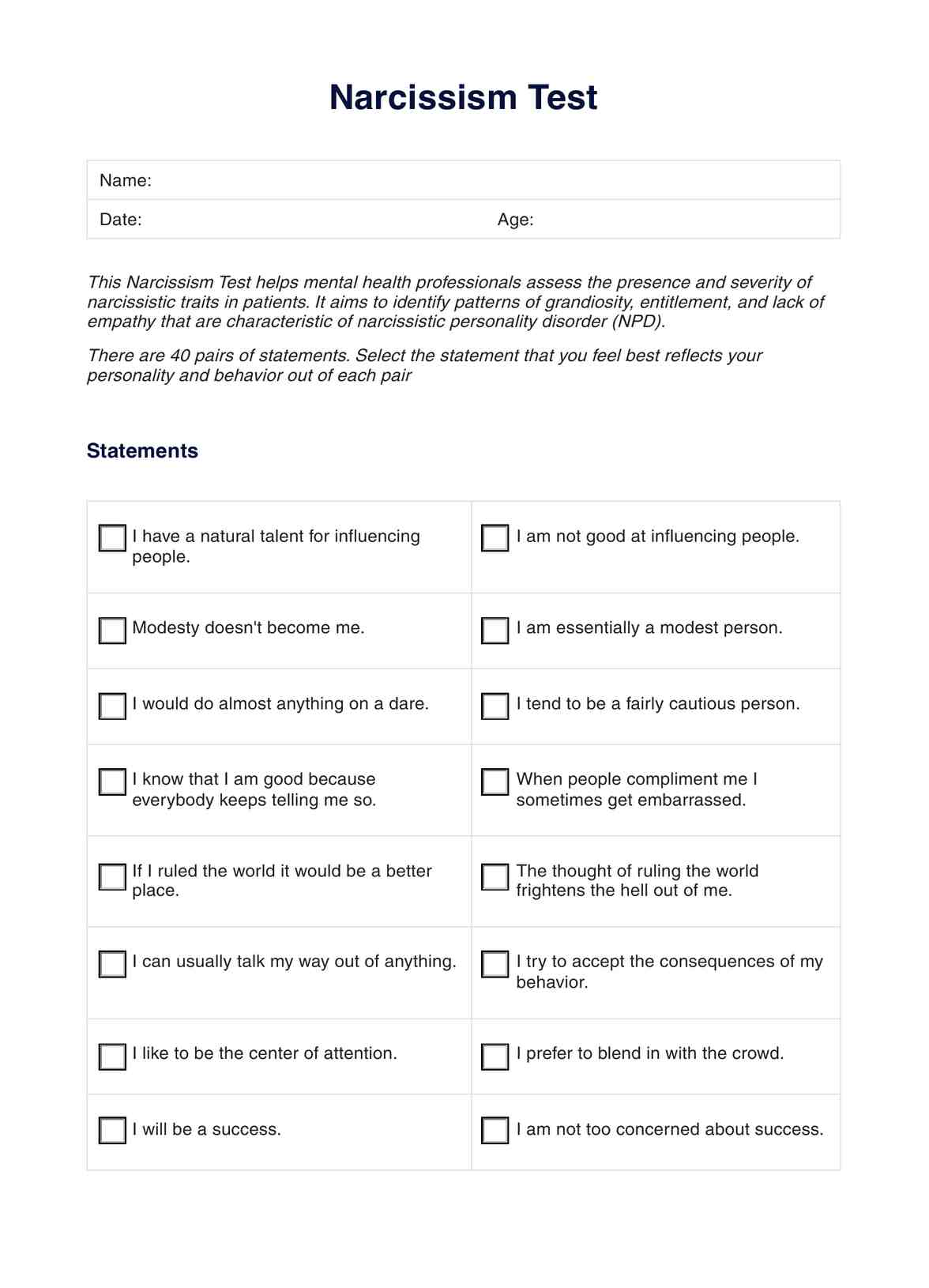 Narcissism Test PDF Example
