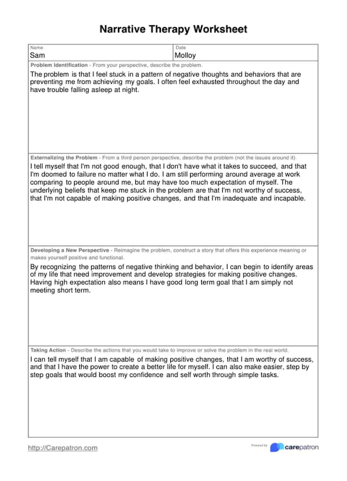 Hoja de Ejercicios de Terapia narrativa PDF Example
