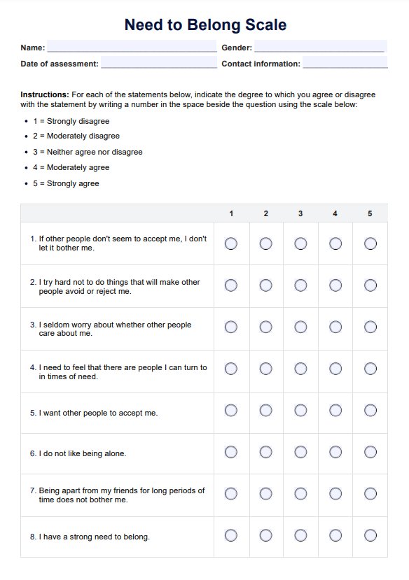 Need to Belong Scale PDF Example