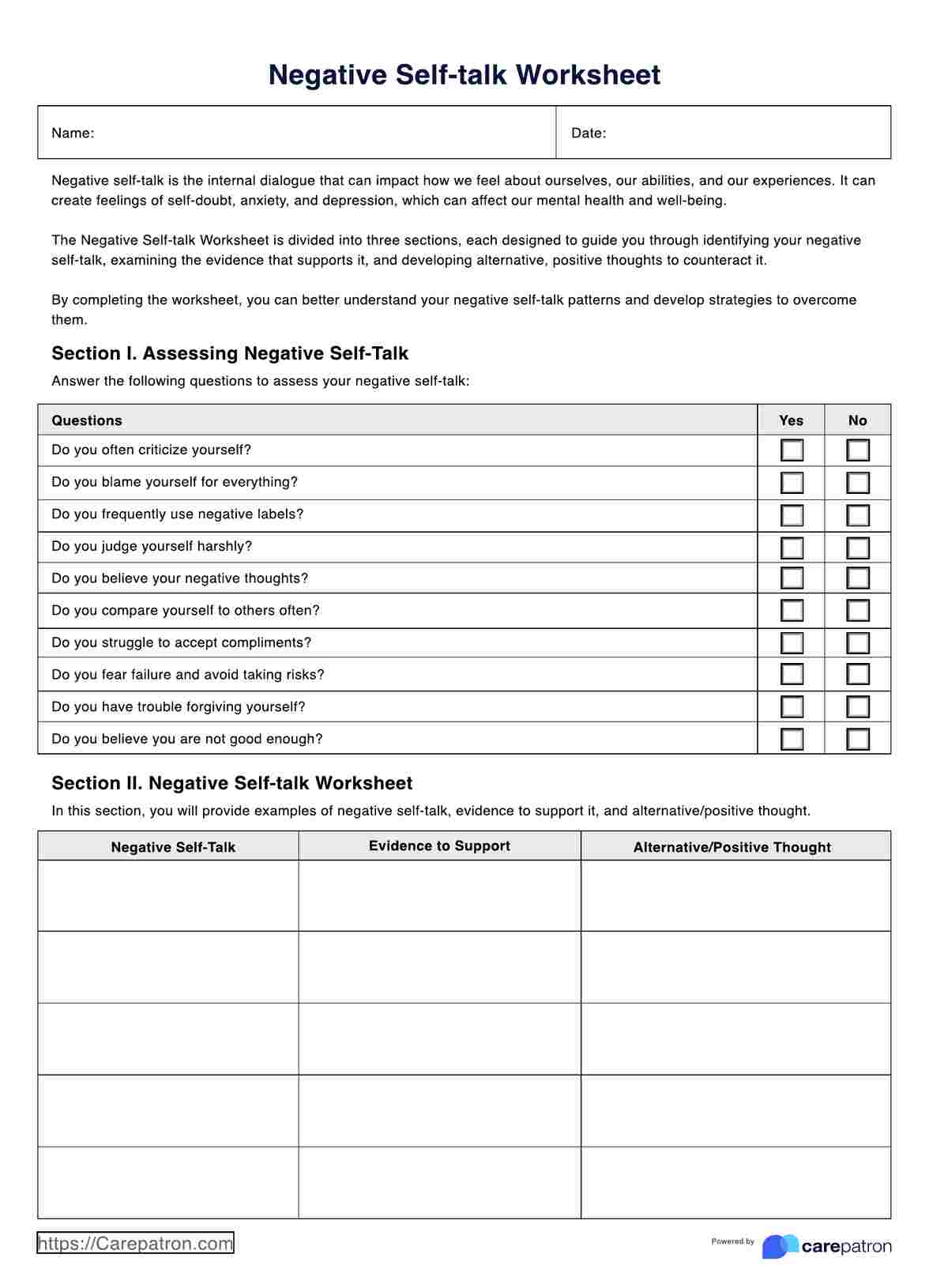 Negative Self-Talk Worksheet PDF Example