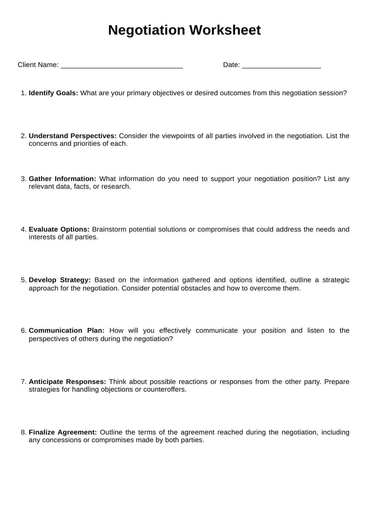 Negotiation Worksheets PDF Example