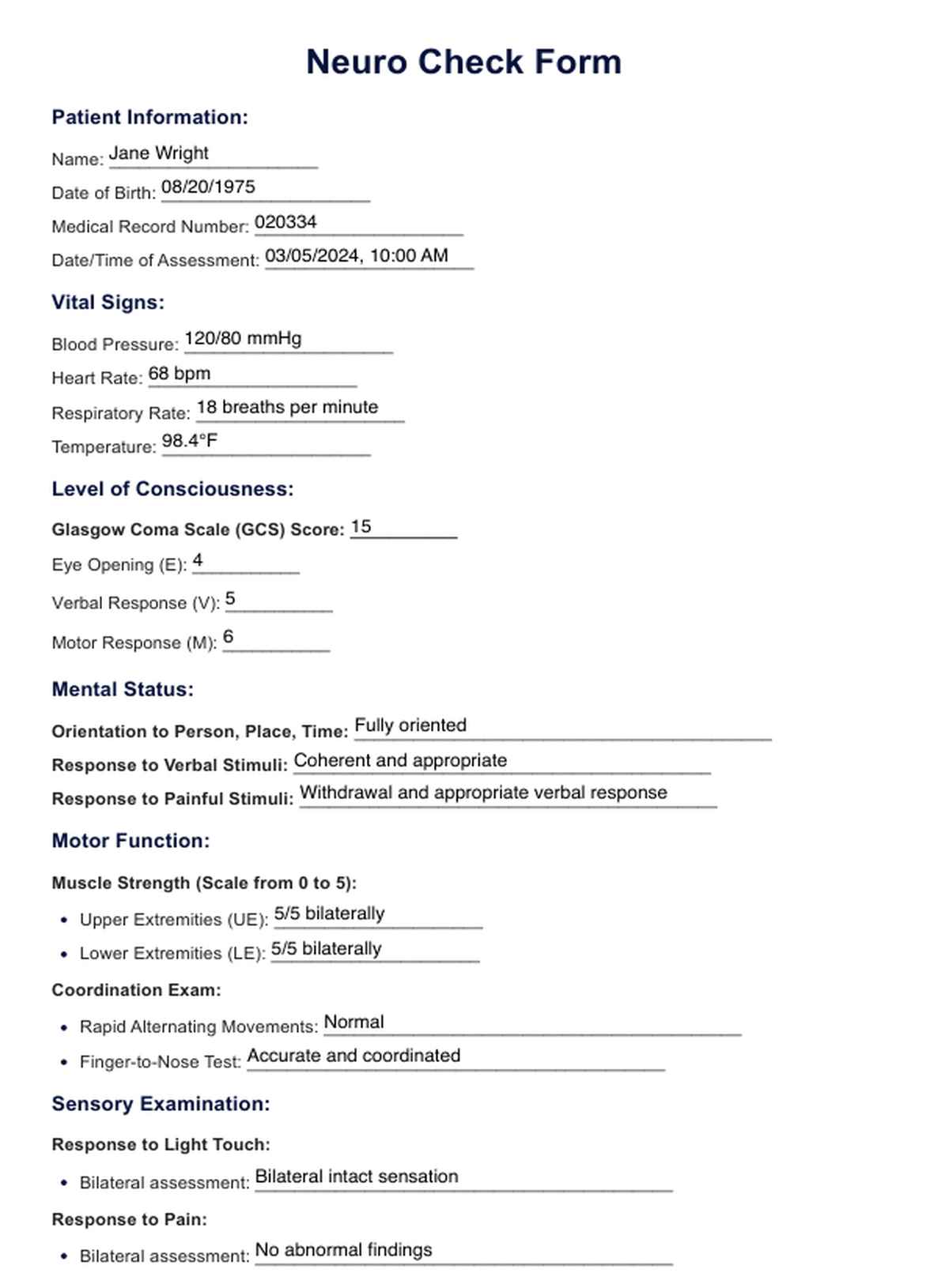 Neuro Check Form PDF Example