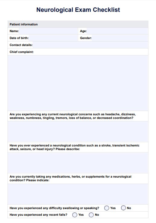 Neurological Exam Checklist PDF Example