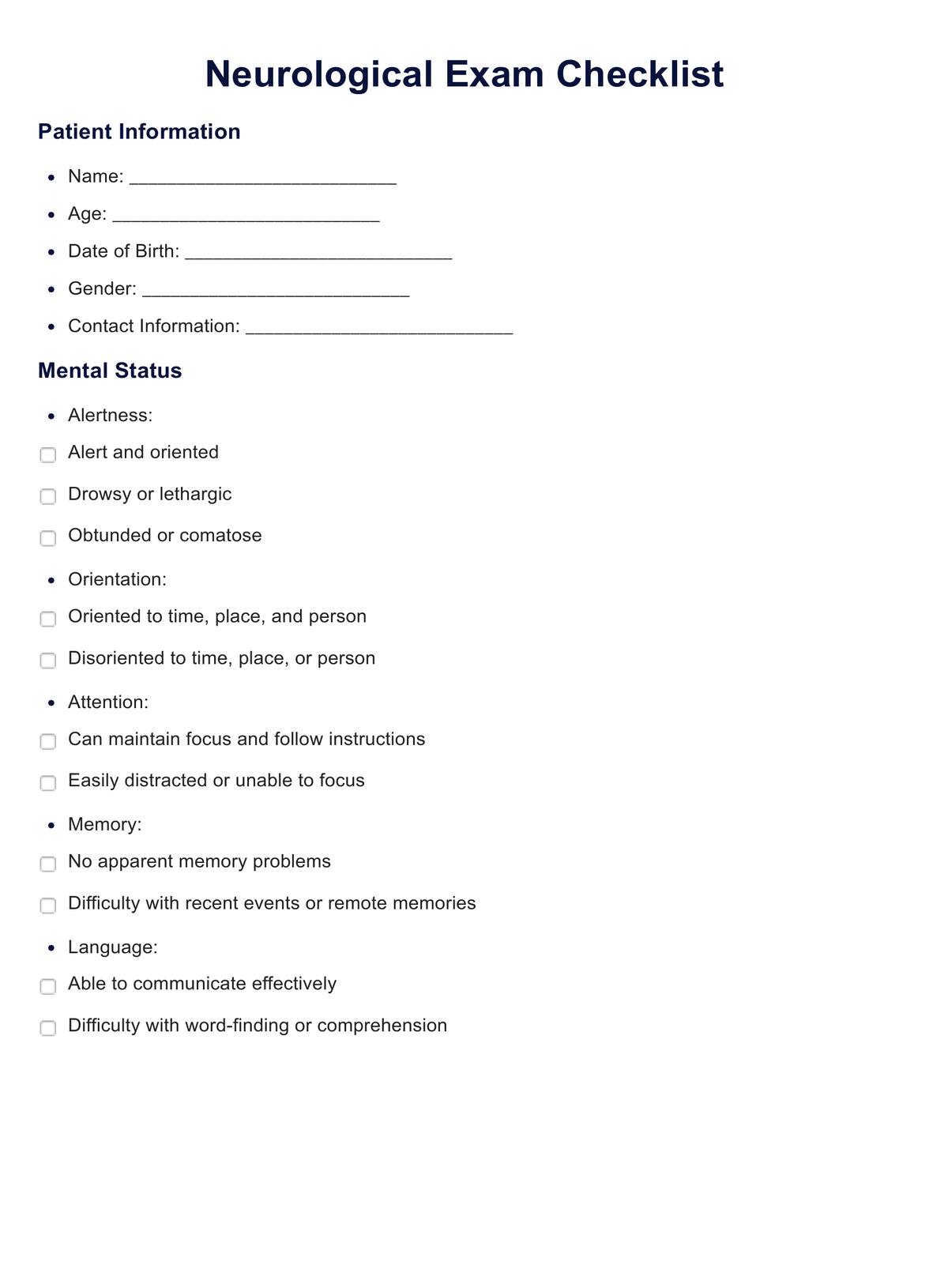 Neurological Exam Checklist PDF Example