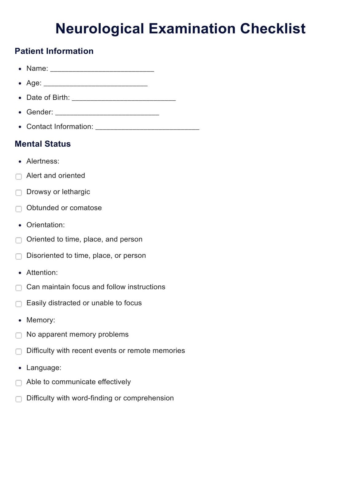 Neurological Examination Checklist PDF Example
