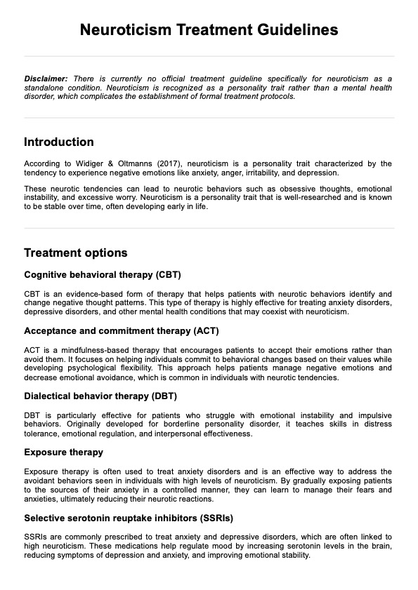 Neuroticism Treatment Guidelines Handout PDF Example