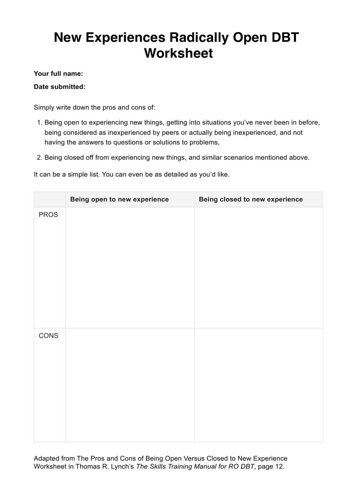 New Experiences Radically Open DBT Worksheet PDF Example