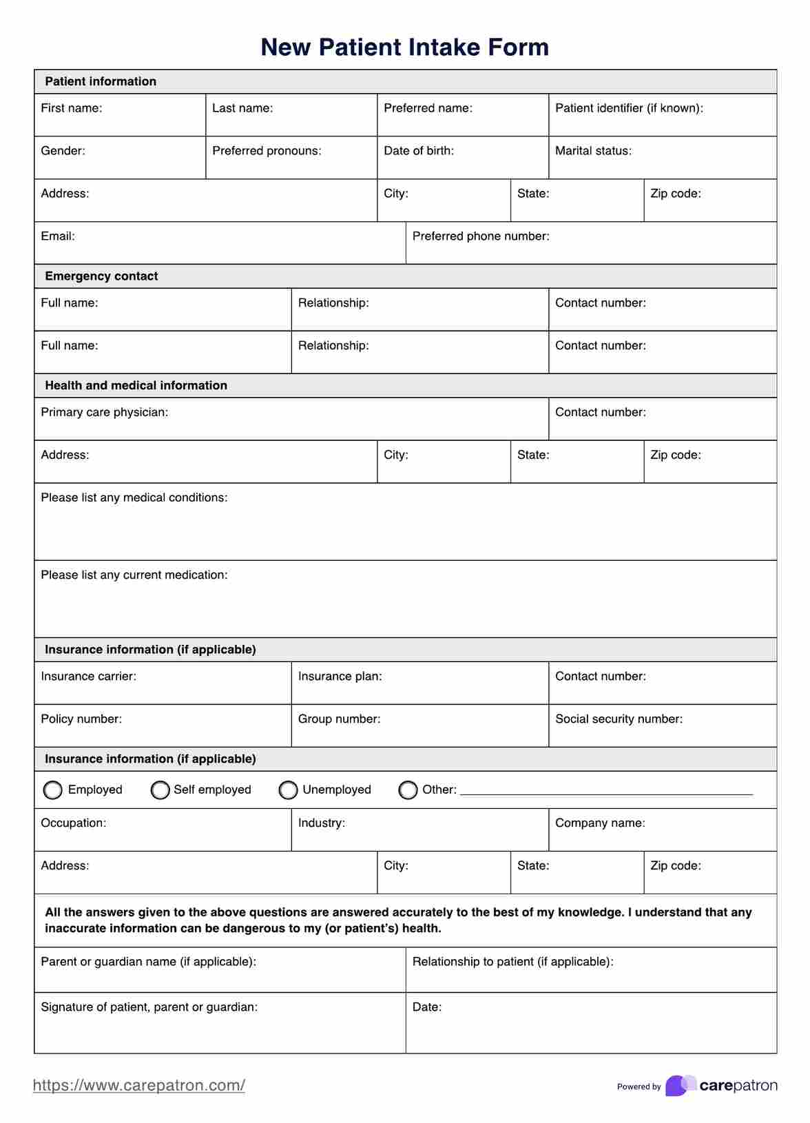 New Patient Intake Form PDF Example