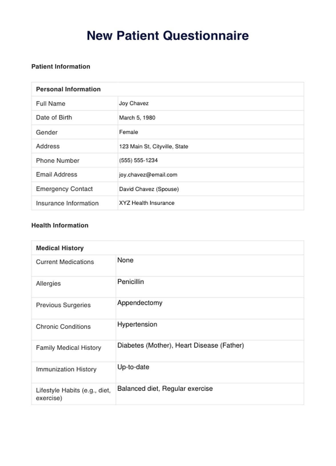 New Patient Questionnaire PDF Example