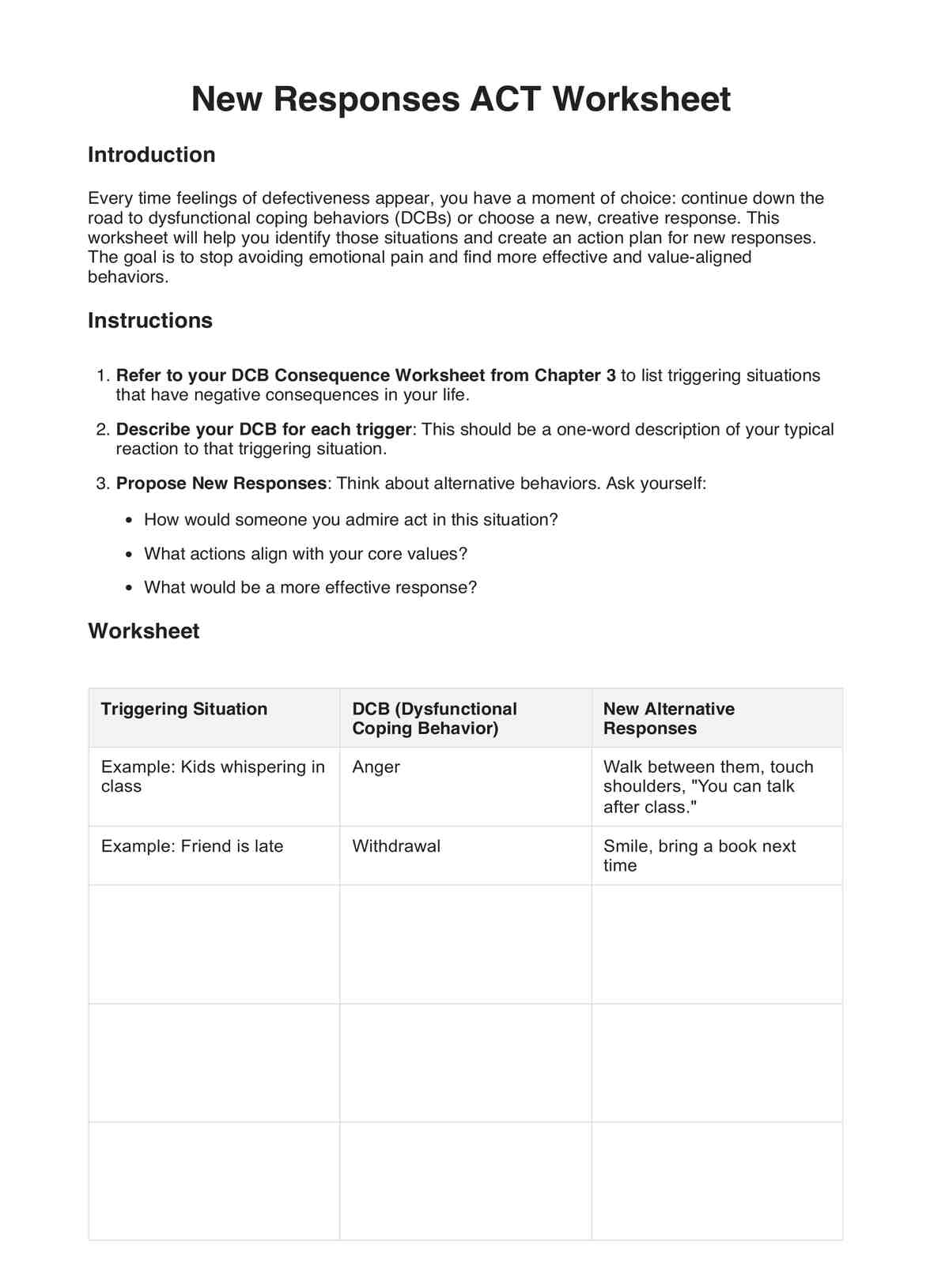 New Responses ACT Worksheet PDF Example