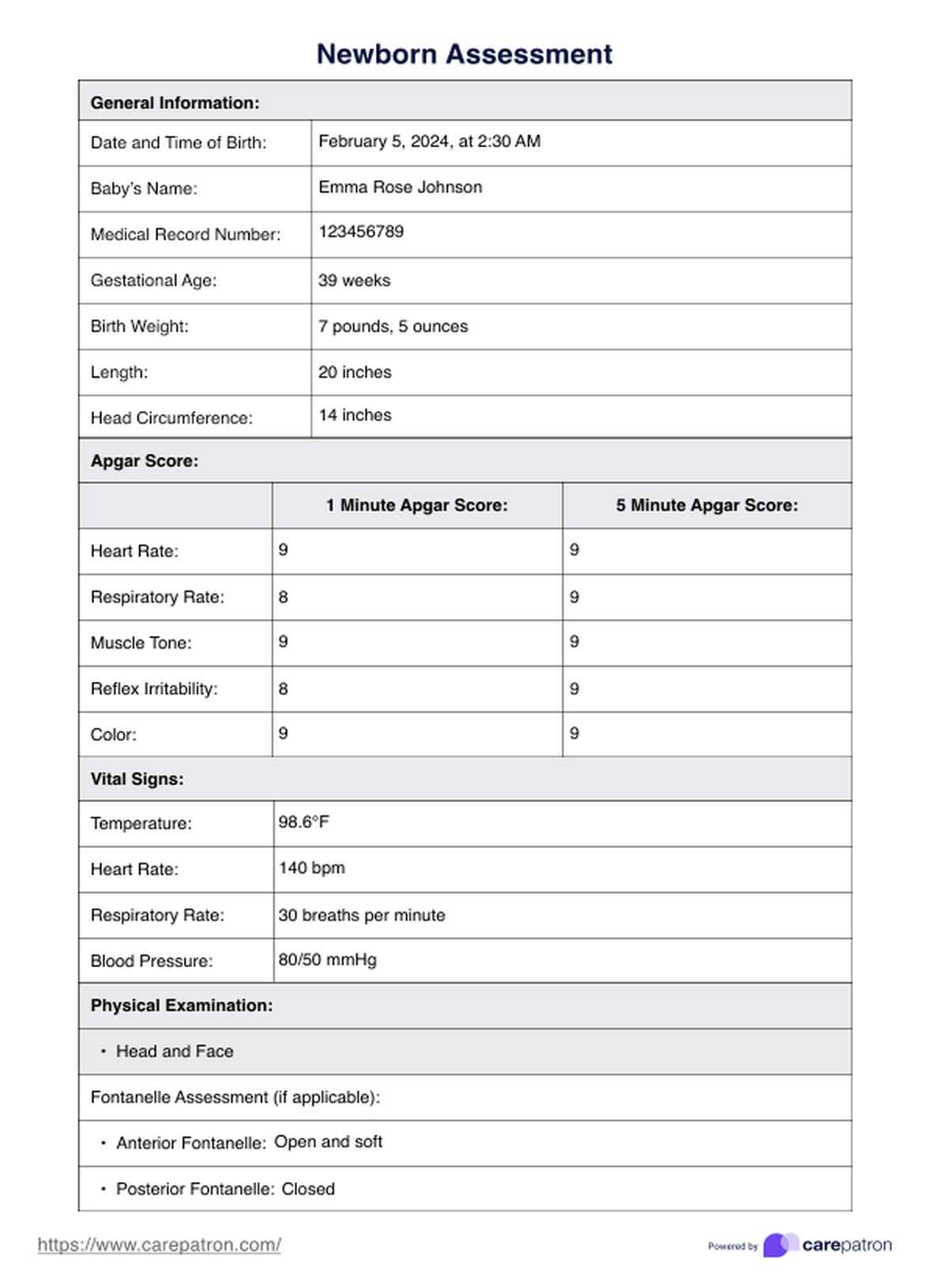 Newborn Assessment & Example | Free PDF Download