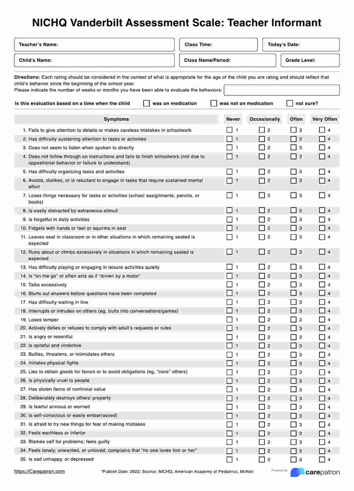 NICHQ Vanderbilt Assessment Scale for Teachers PDF Example