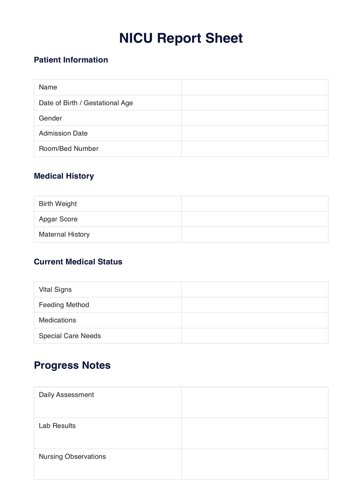 NICU Report Sheet PDF Example
