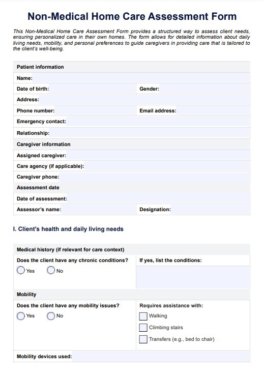 Non-Medical Home Care Assessment Form PDF PDF Example