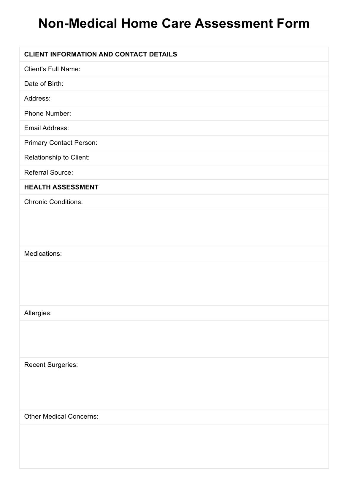 Non-Medical Home Care Assessment Form PDF PDF Example