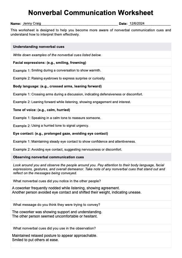 Nonverbal Communication Worksheet PDF Example