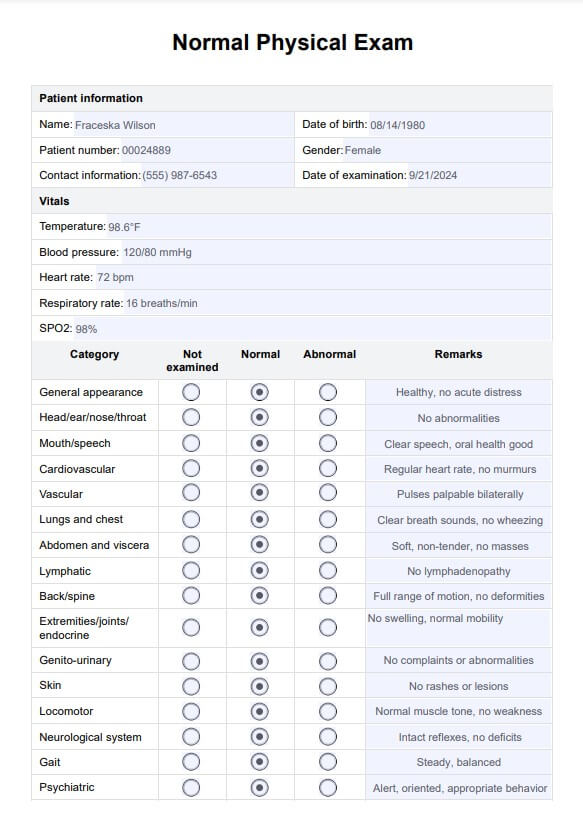 일반 신체 검사 템플릿 PDF Example