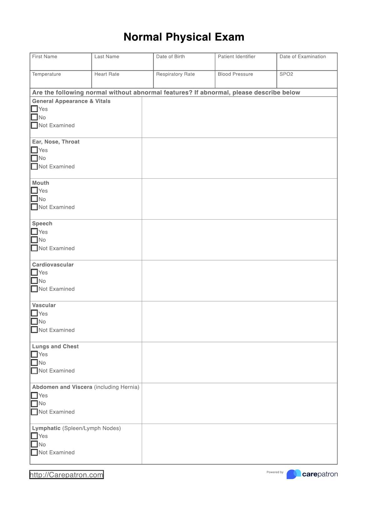 Normal Physical Exam Template PDF Example