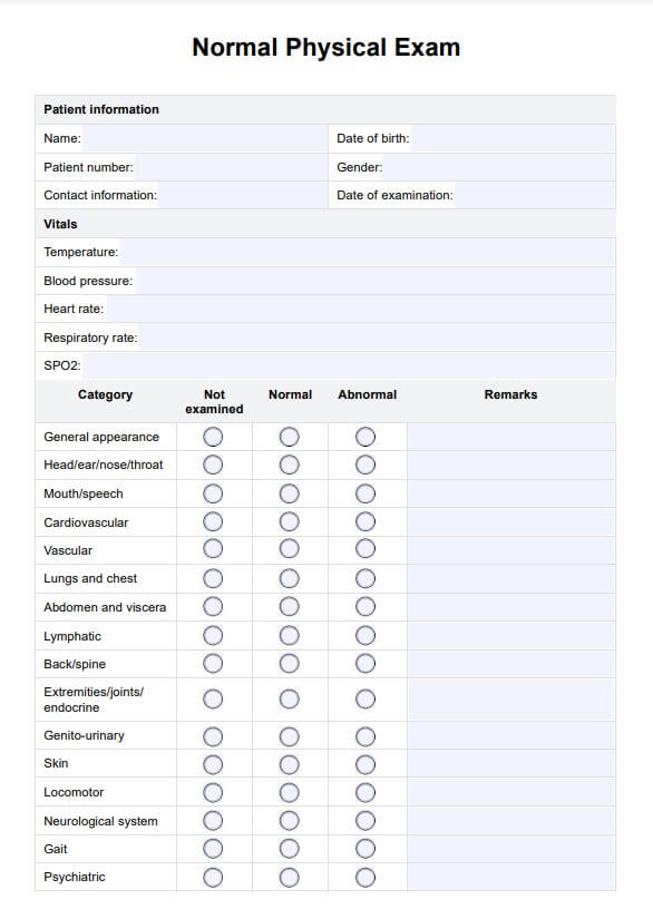 قالب الاختبار البدني العادي PDF Example