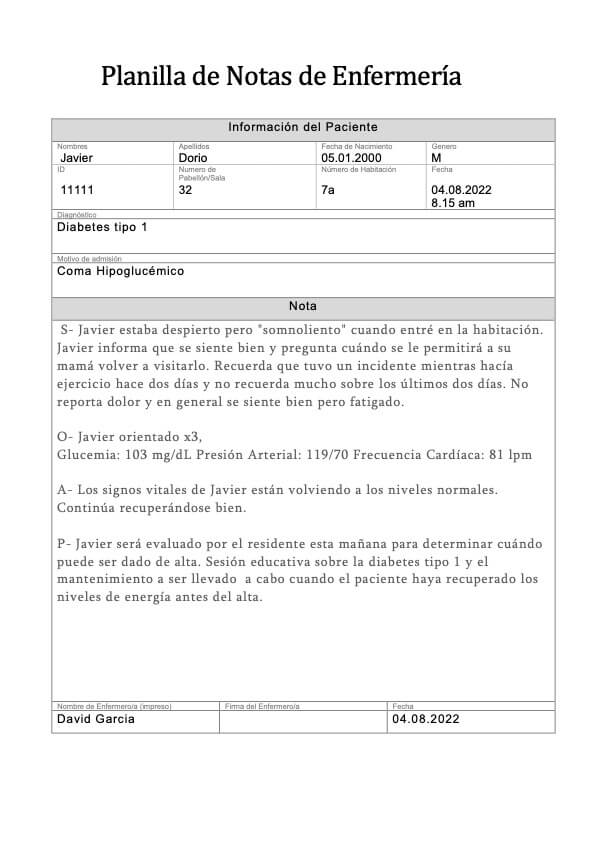 Nota de enfermería PDF Example