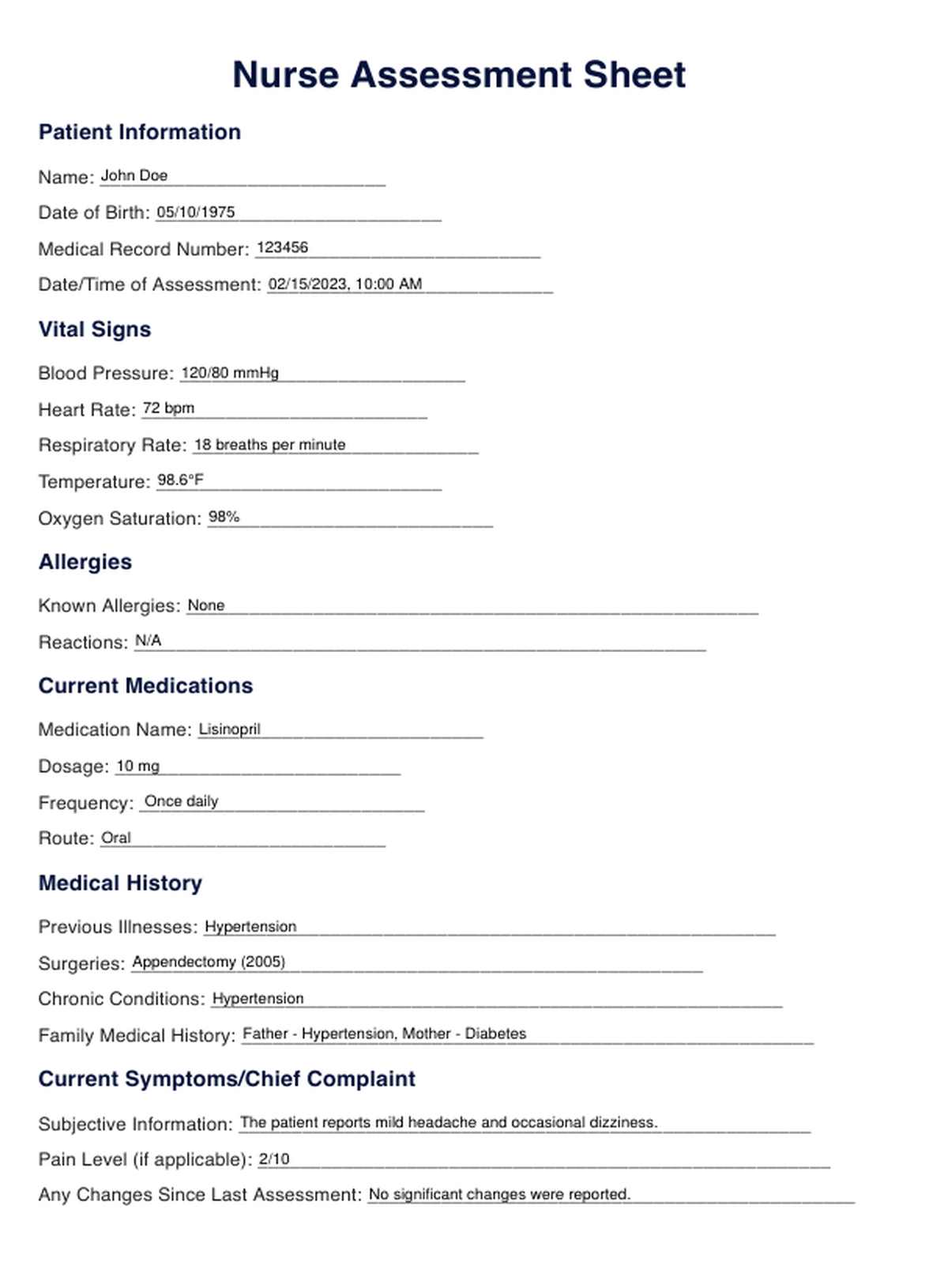 Nurse Assessment Sheet Template PDF Example