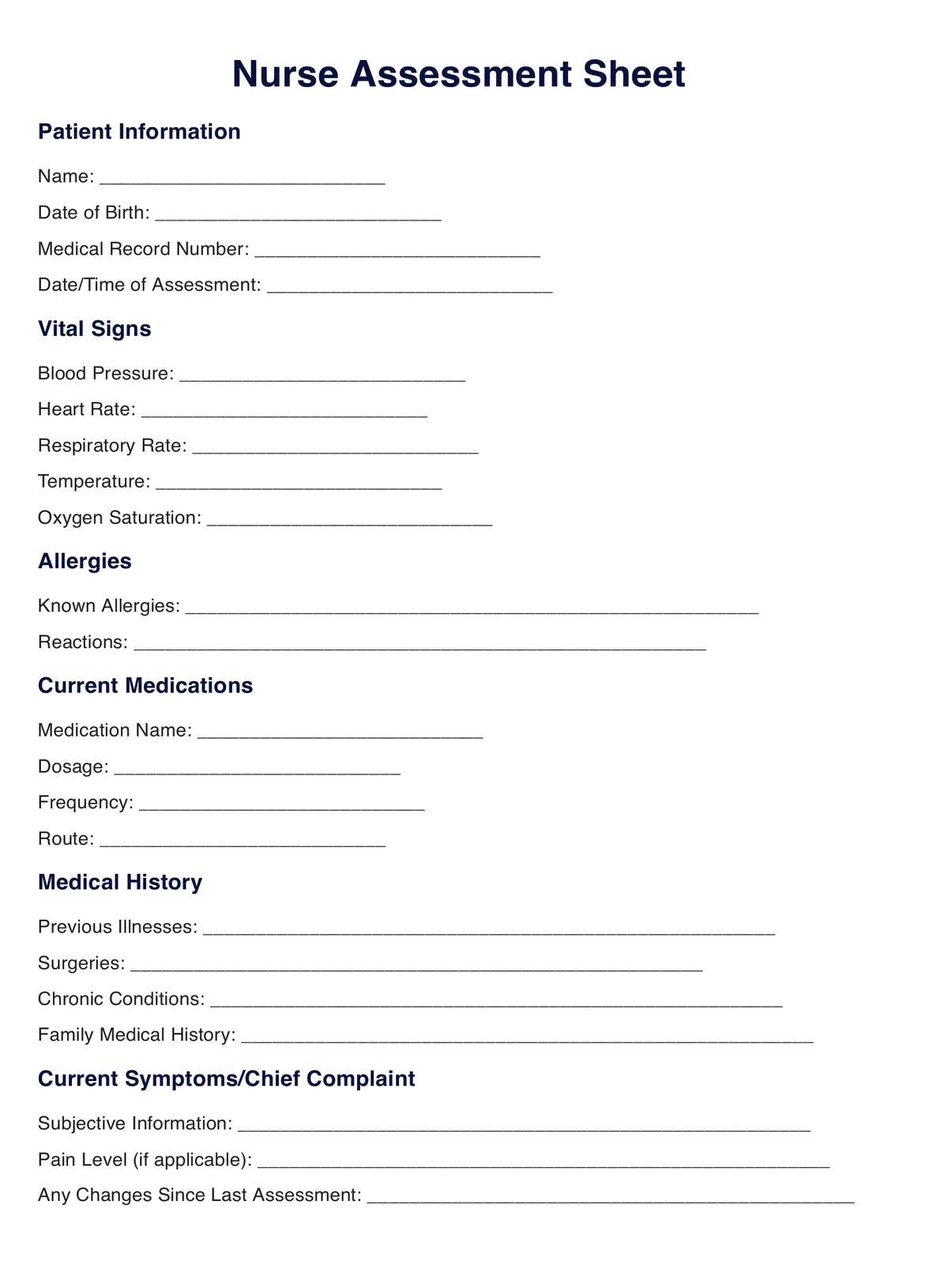 Nurse Assessment Sheet Template PDF Example