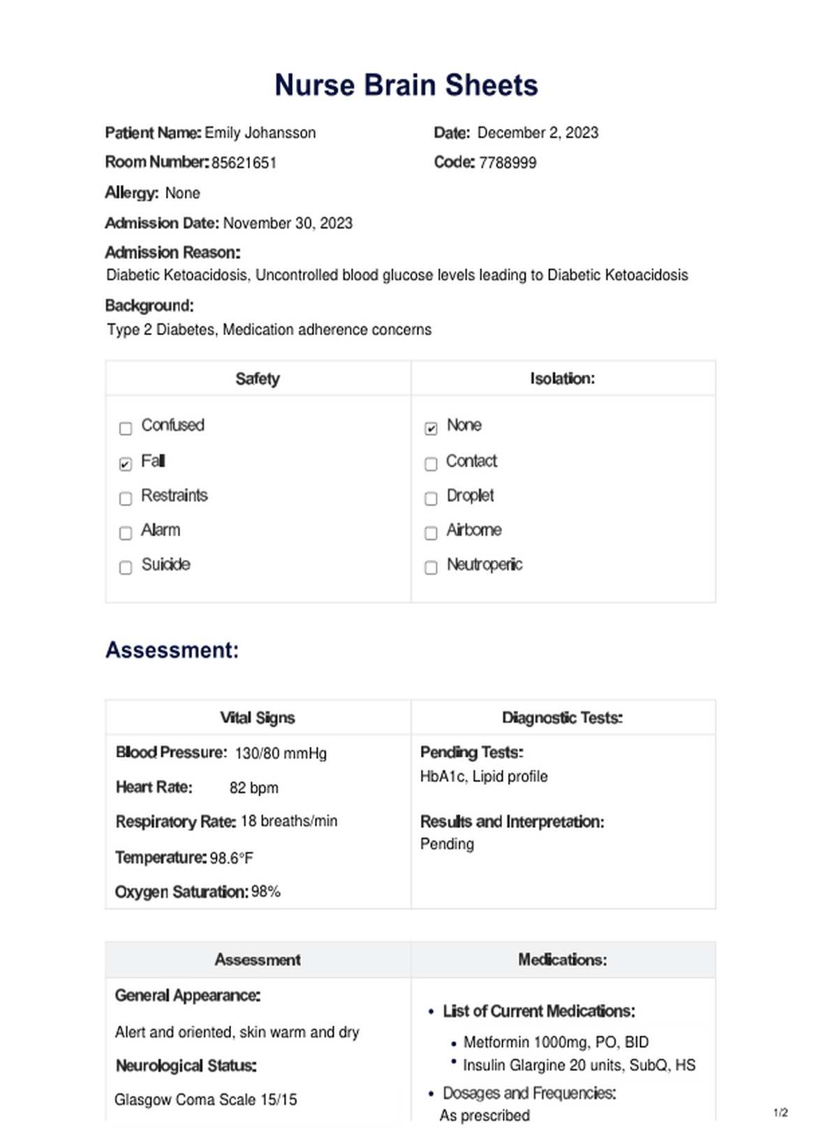 Nurse Brain Sheet PDF Example