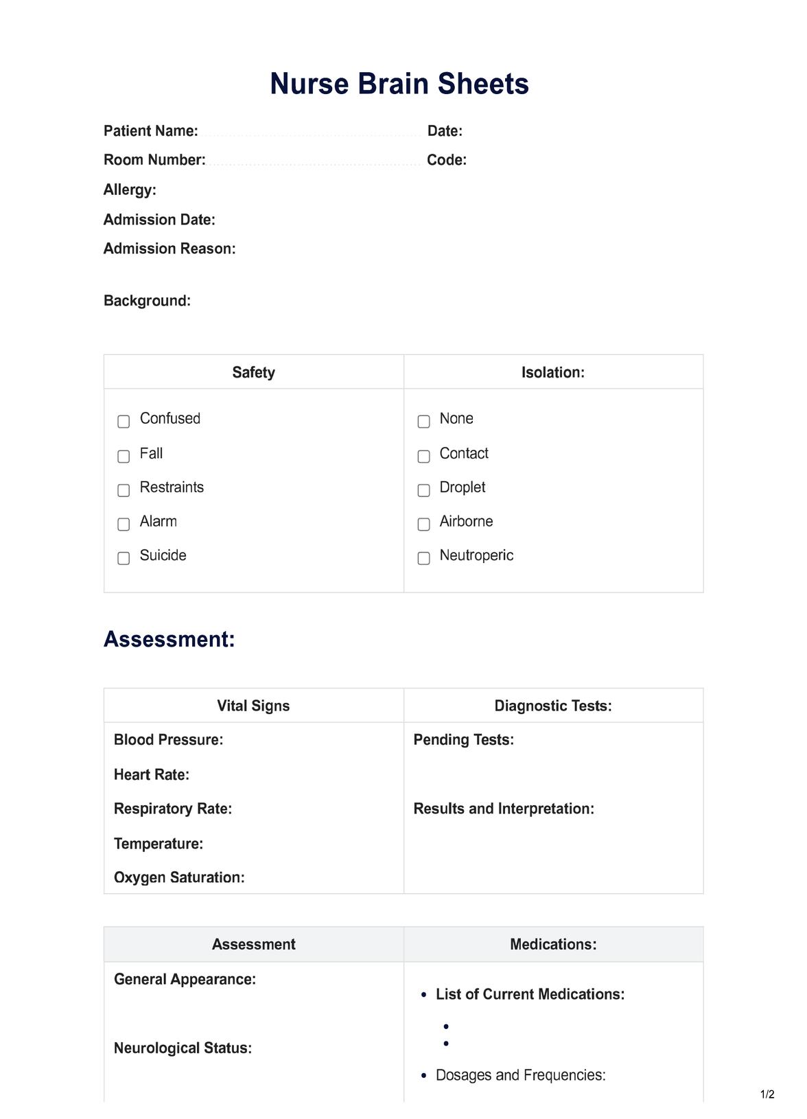Nurse Brain Sheet PDF Example