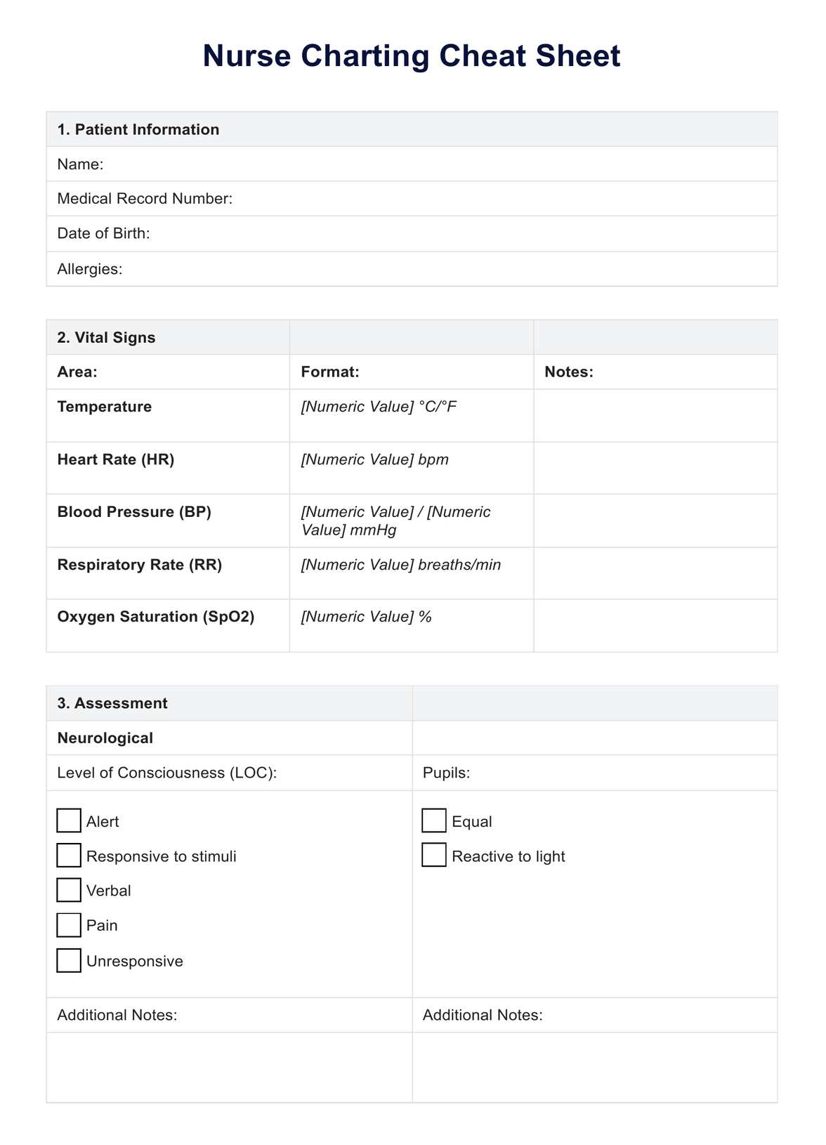 Nurse Charting Cheat Sheet PDF Example
