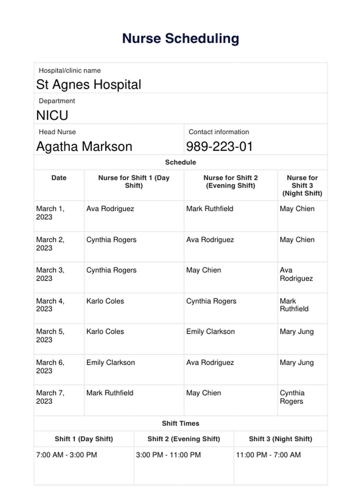 Nurse Scheduling Template PDF Example