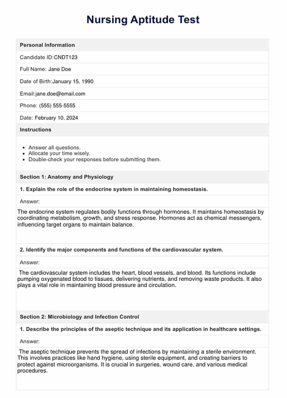Nursing Aptitude Test PDF Example