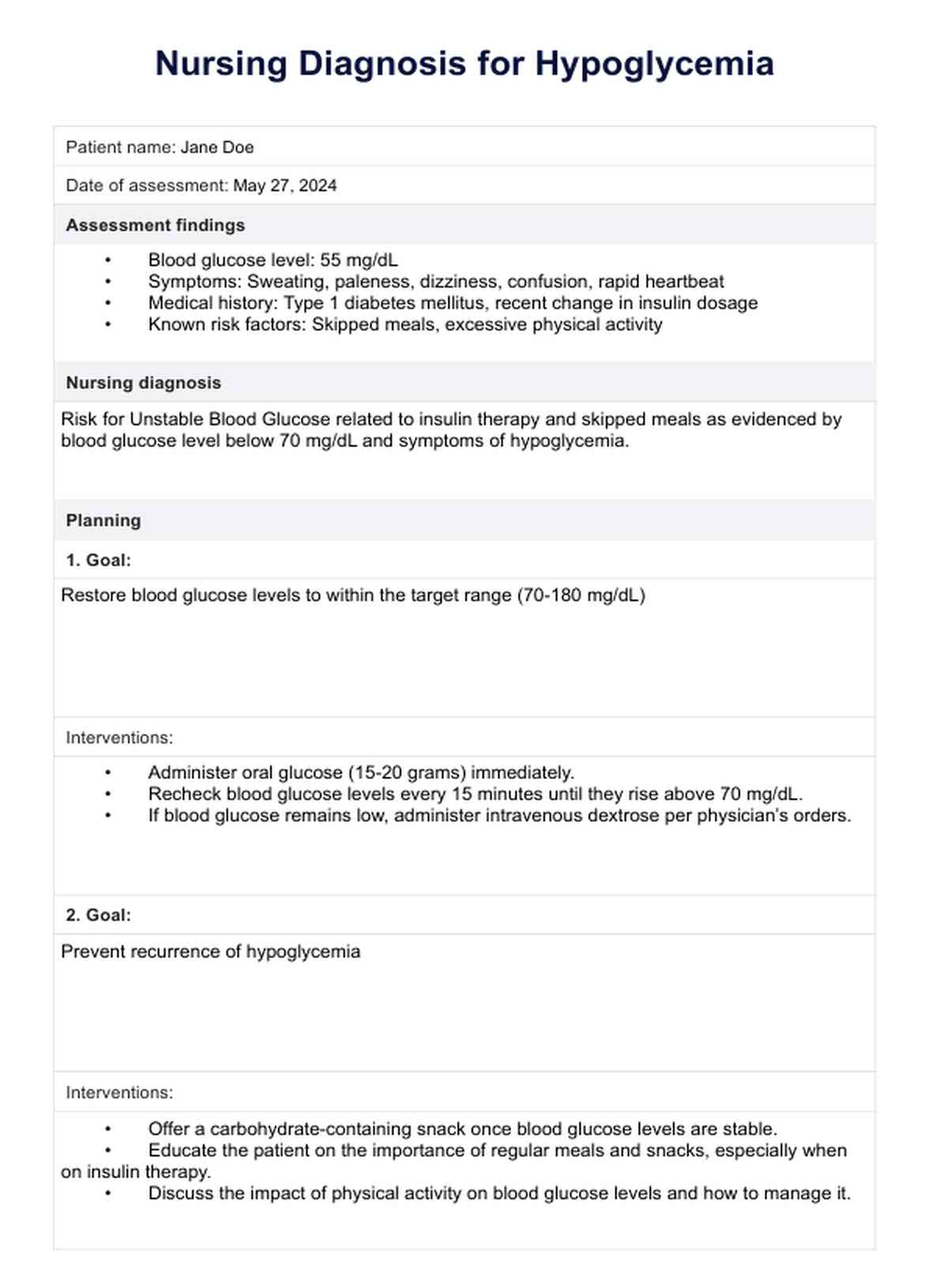 Hypoglycemia Nursing Care Plan PDF Example
