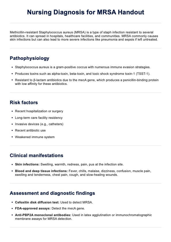 Nursing Diagnosis for MRSA Handout PDF Example