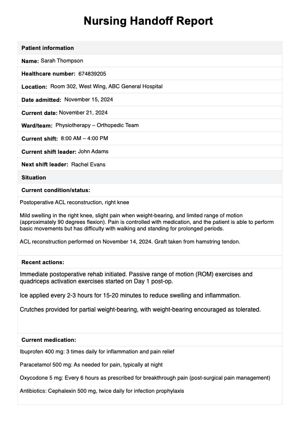 Nursing Handoff Report Template PDF Example