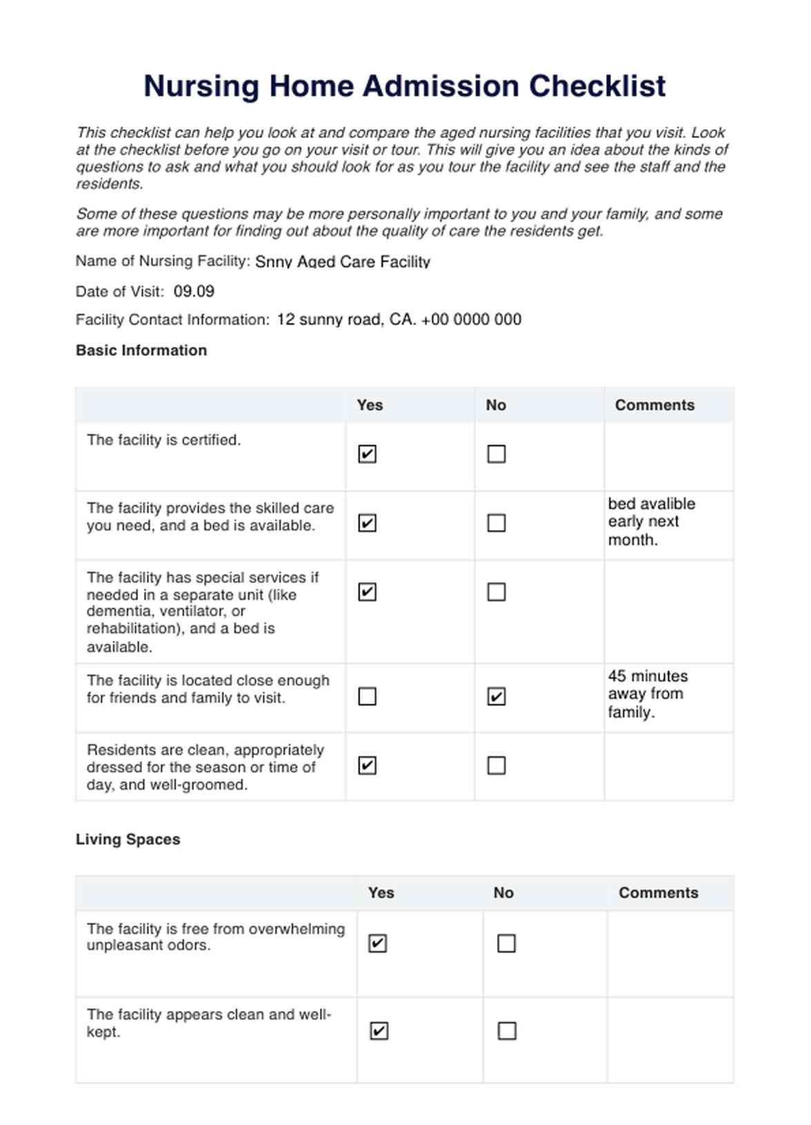 Nursing Home Admission Checklist Template & Example | Free PDF Download