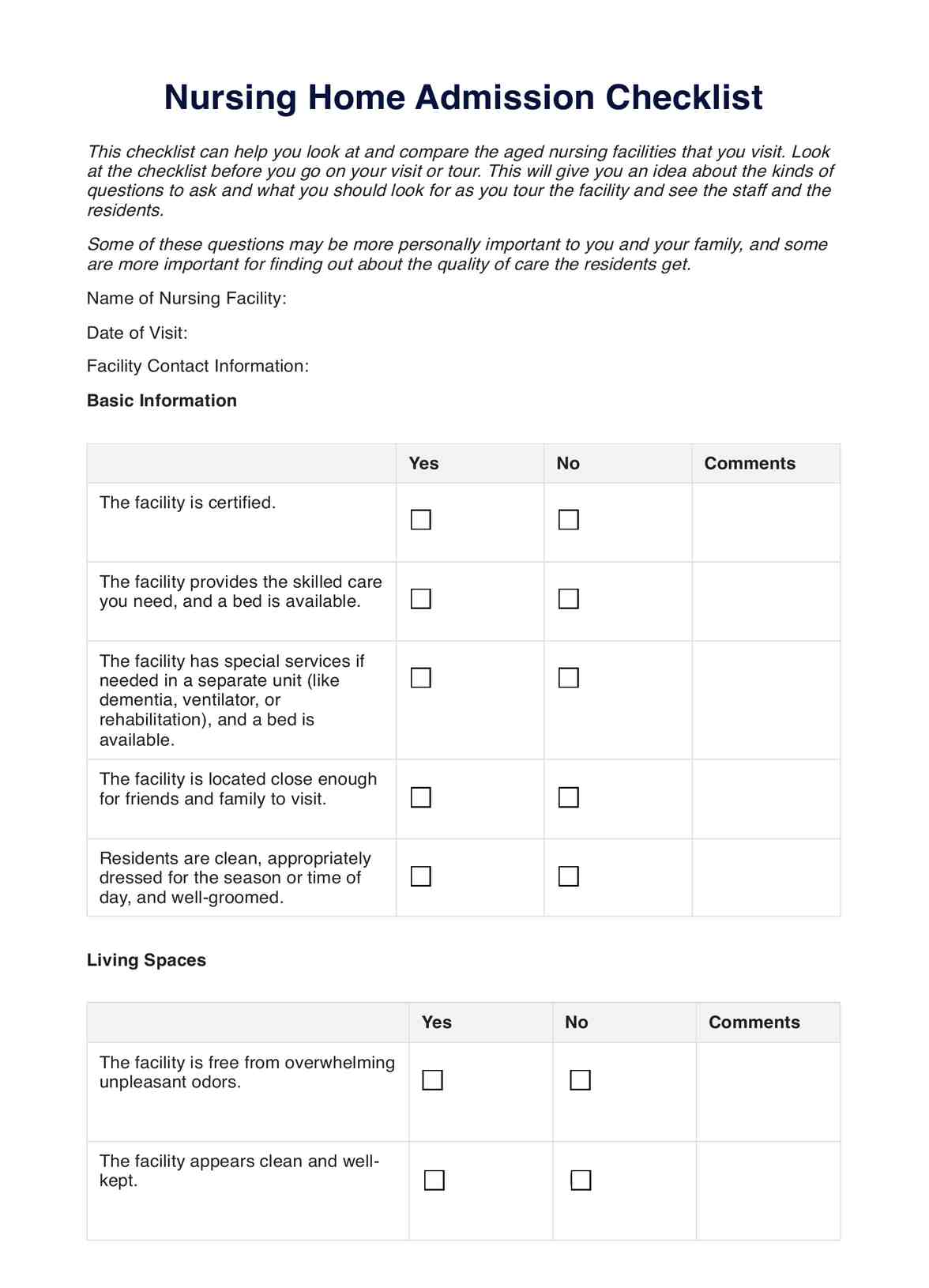 Nursing Home Admission Checklist PDF Example