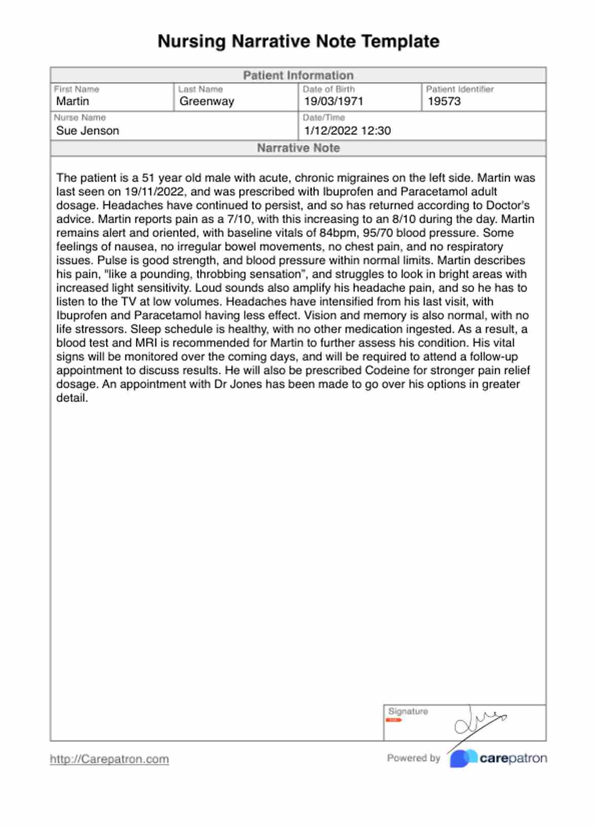 Plantilla de Nota narrativa de enfermería PDF Example