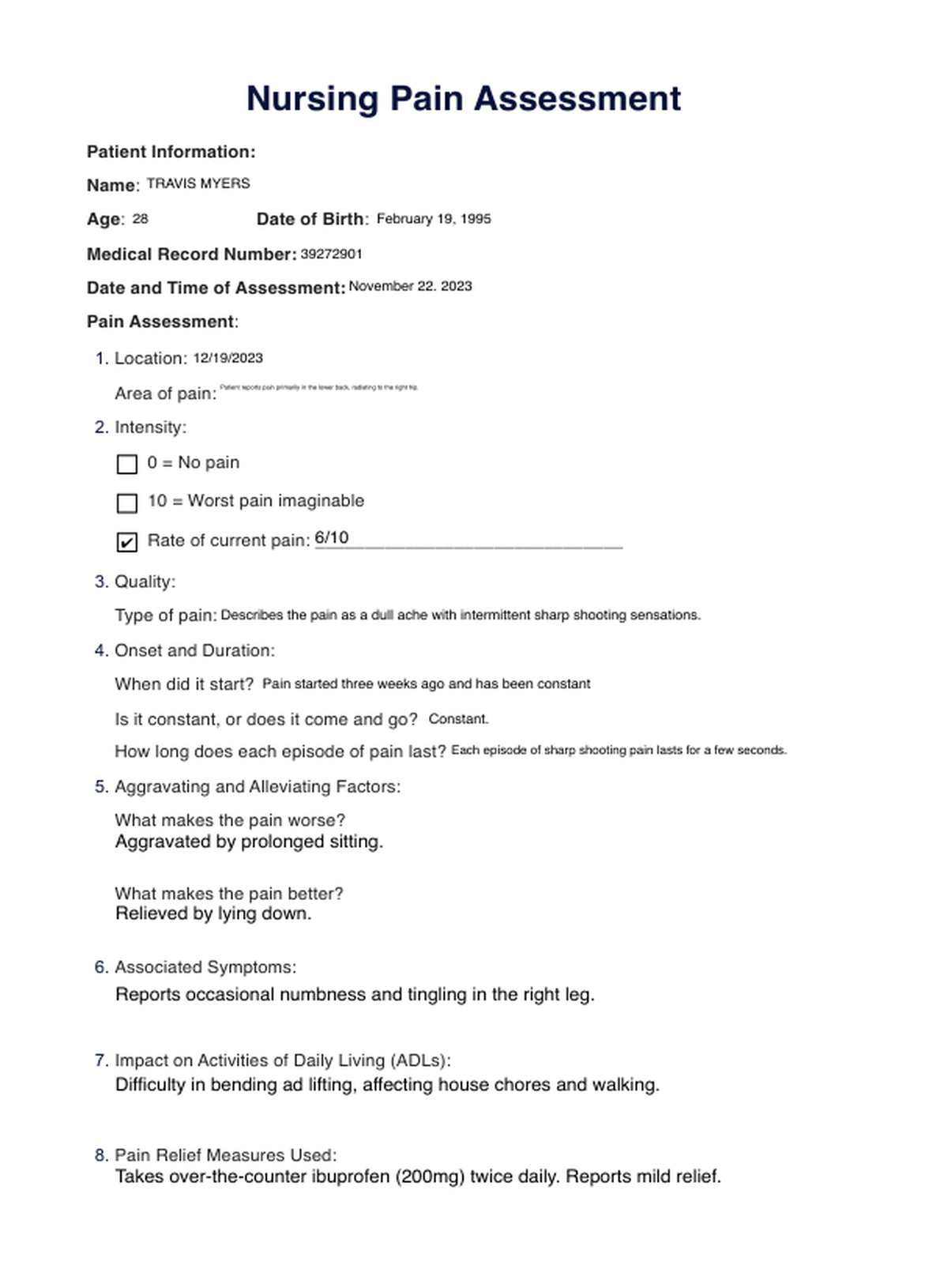 Nursing Pain Assessment Template PDF Example