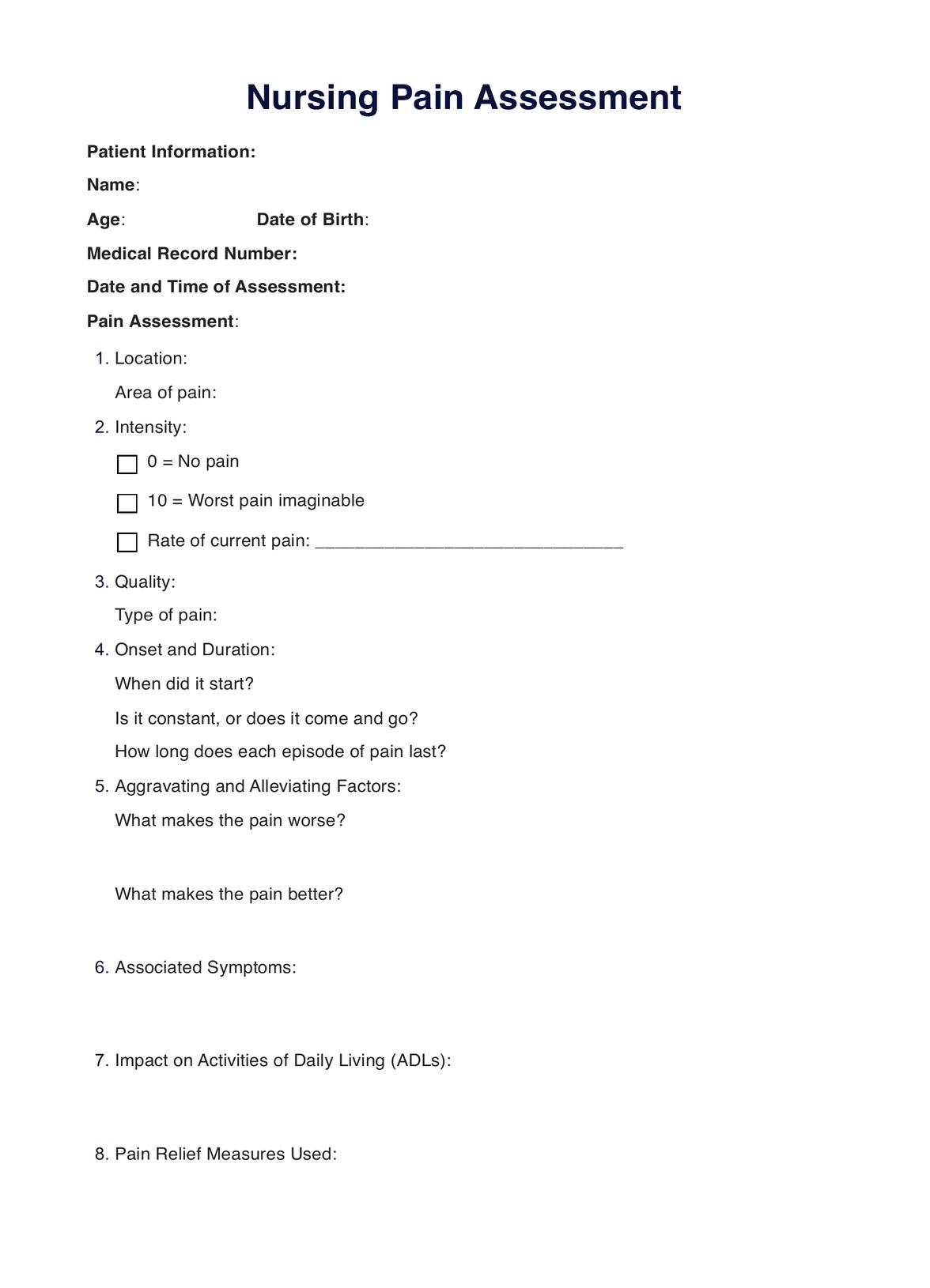 Nursing Pain Assessment Template PDF Example