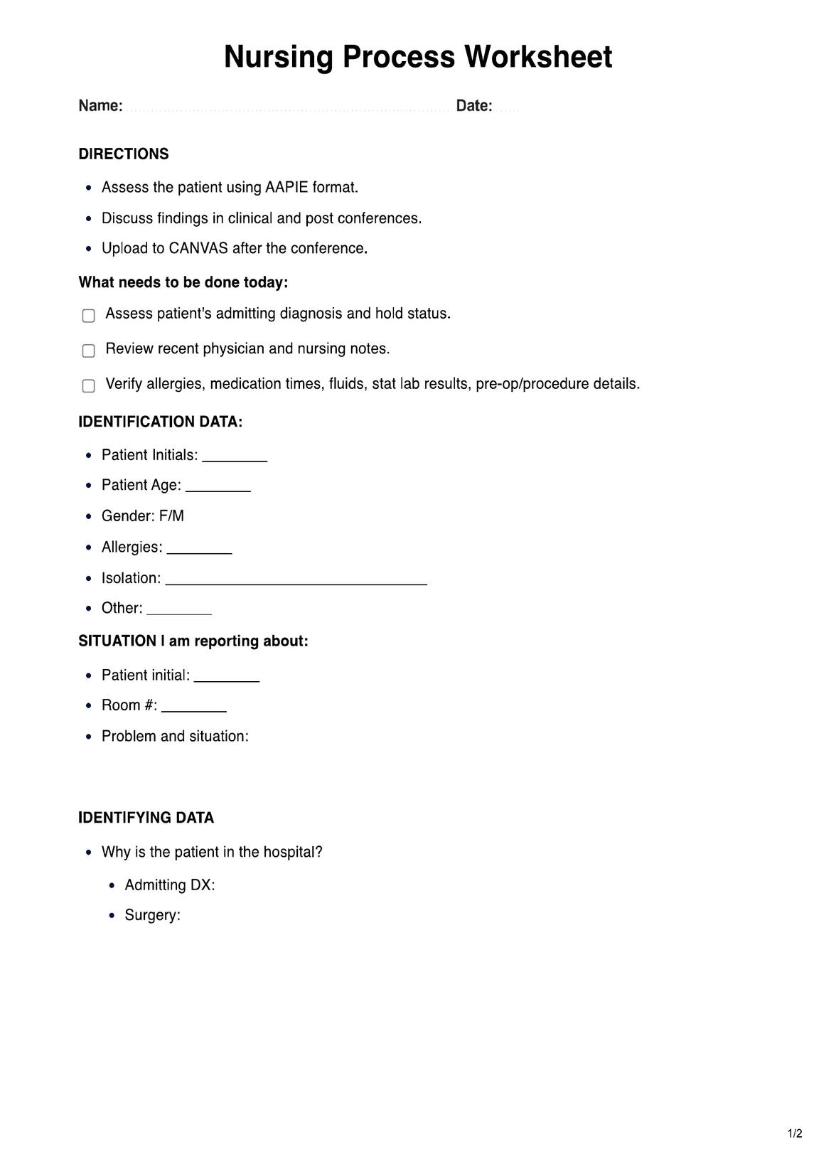 Nursing Process Worksheet PDF Example