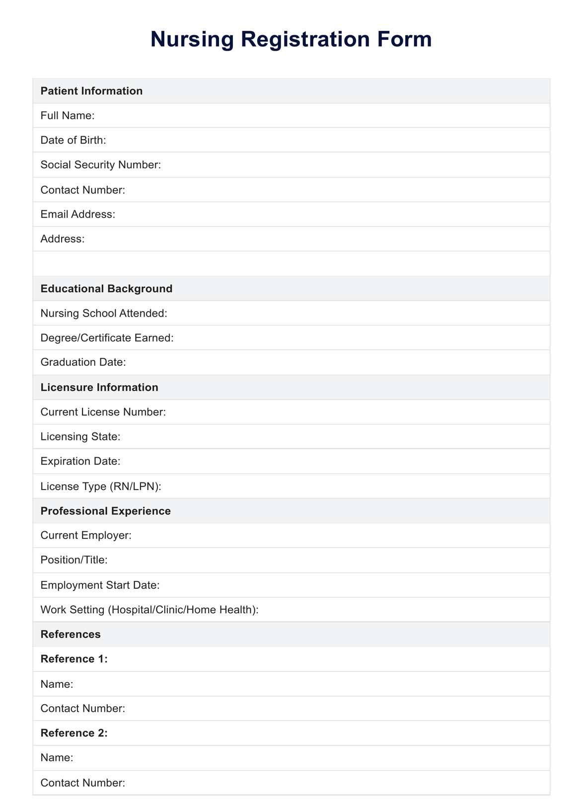 Nursing Registration Form PDF Example