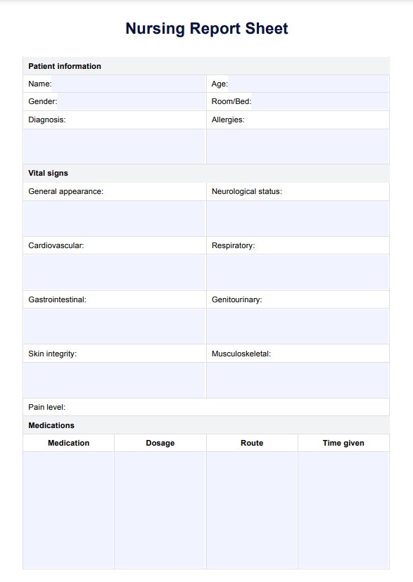 Rapportblad för omvårdnad PDF Example