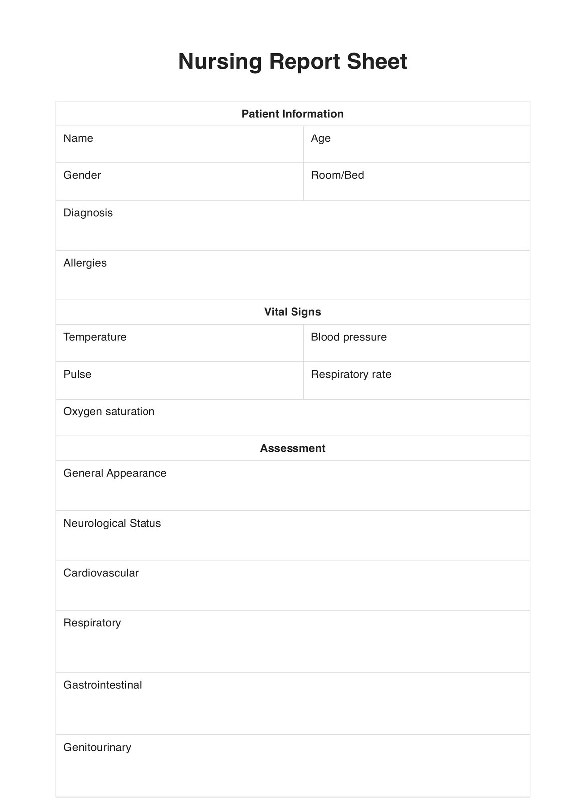 Nursing Report Sheets PDF Example