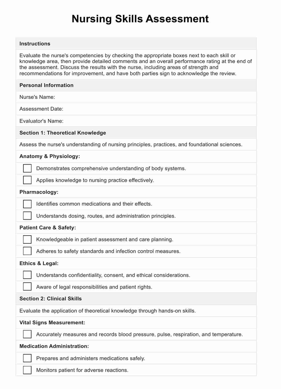 Nursing Skills Assessment PDF Example